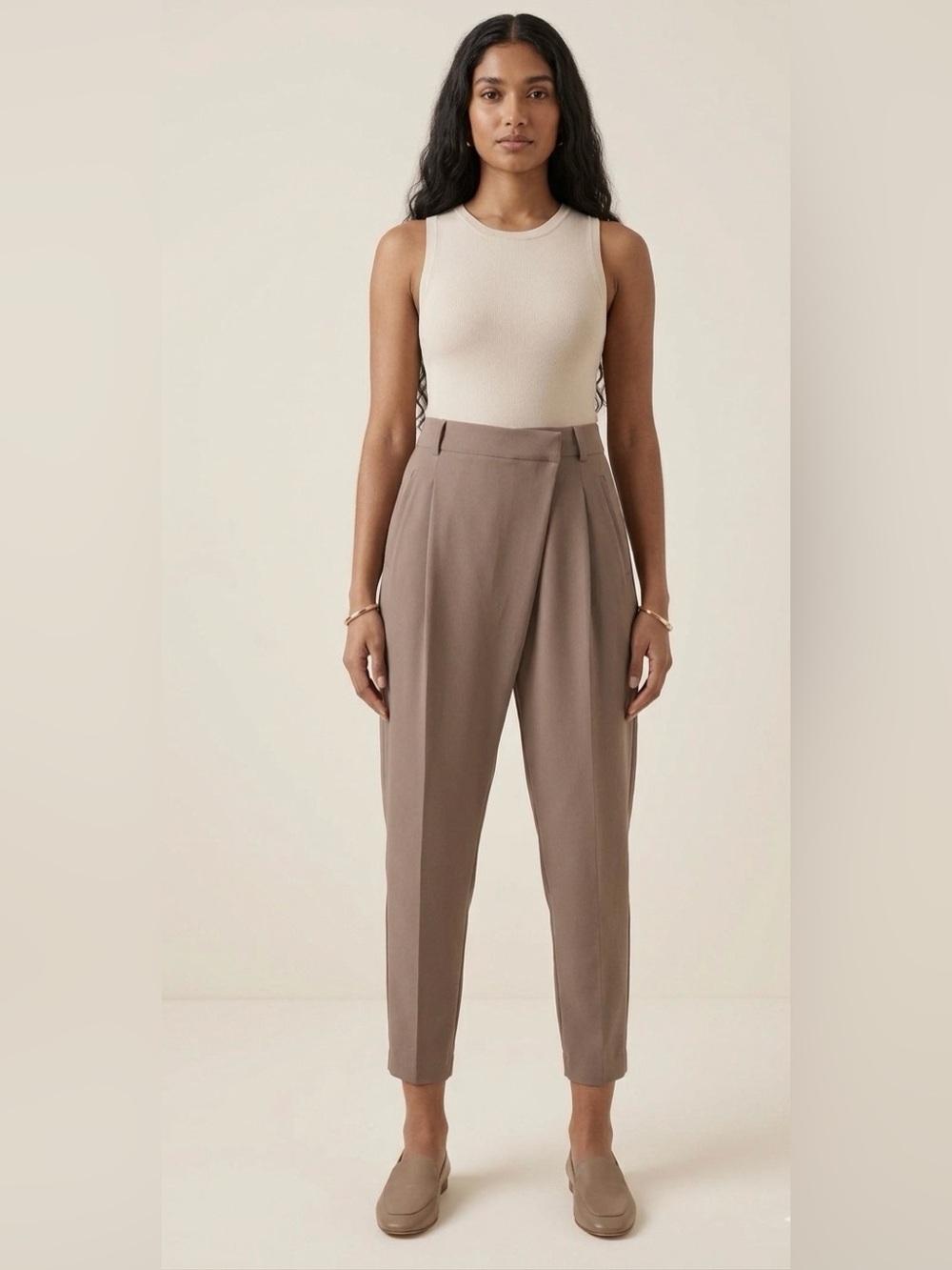 VINCE Asymmetric Harem Trousers Pants Leather Trim Brown Taupe Inseam 26.5 Sz 6